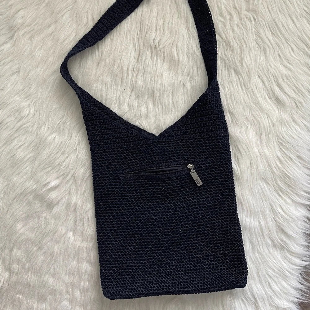 The Sack Knit Crochet Fabric Bohemian Shoulder Black Medium Size Bag